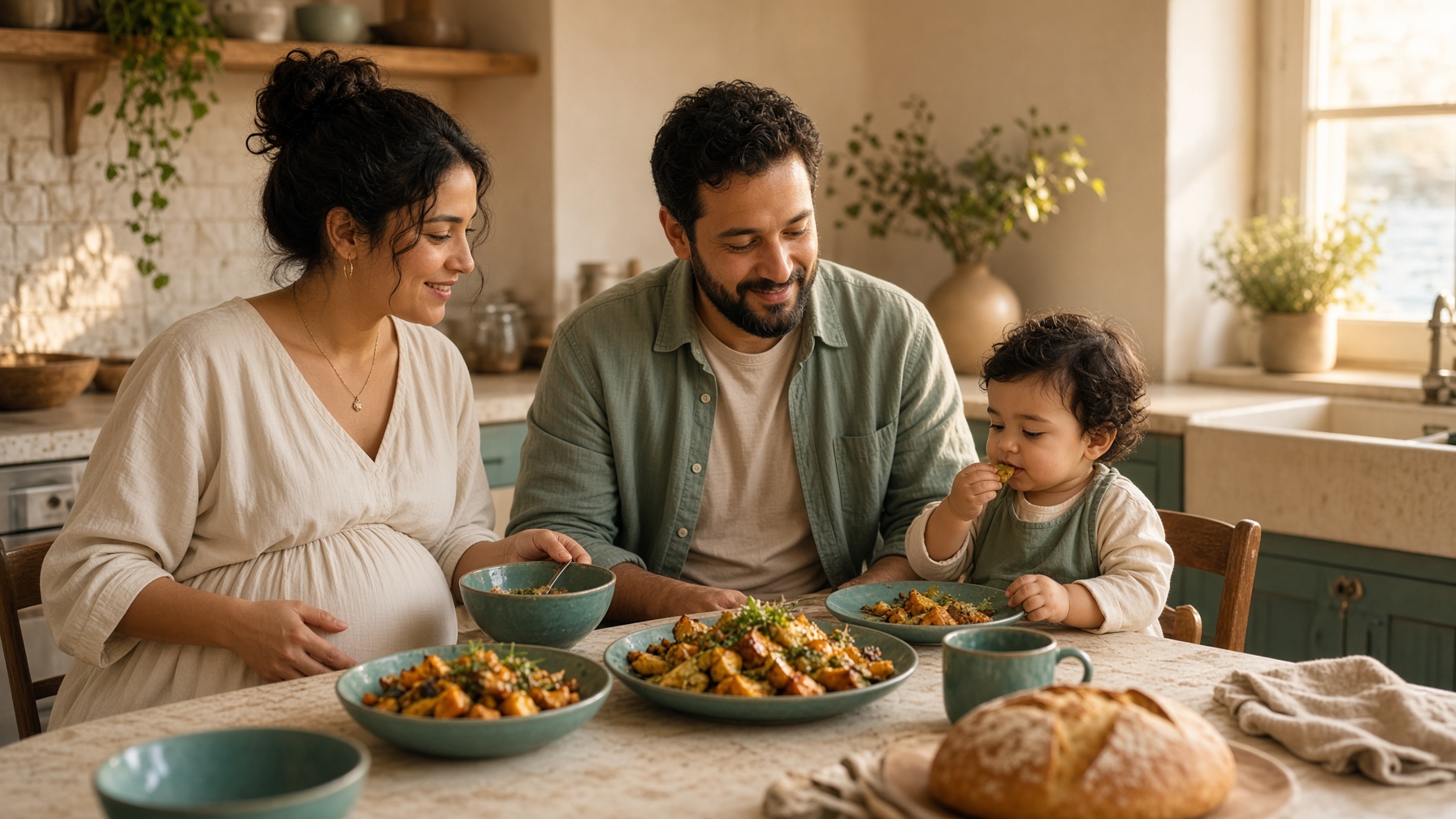 A family sharing a meal at the kitchen table