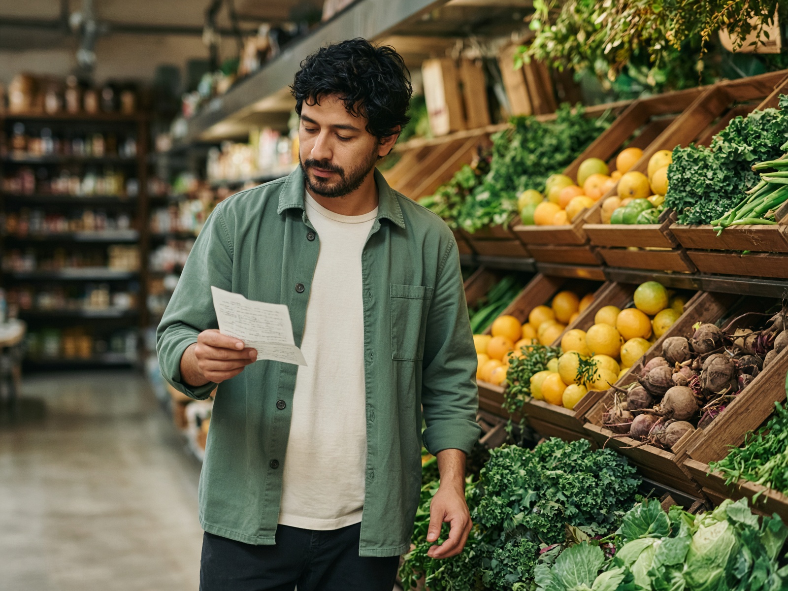 A partner choosing produce from a handwritten list