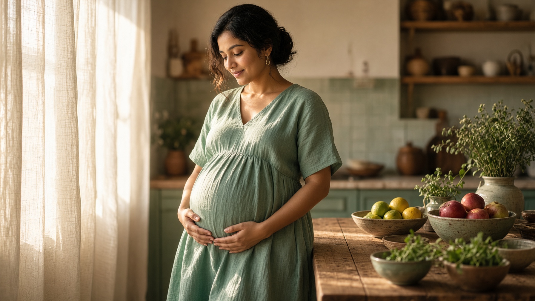 A mother standing in warm kitchen light, hands on her belly