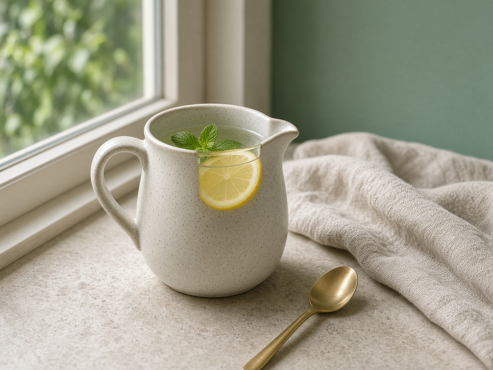 Lemon water in a ceramic pitcher