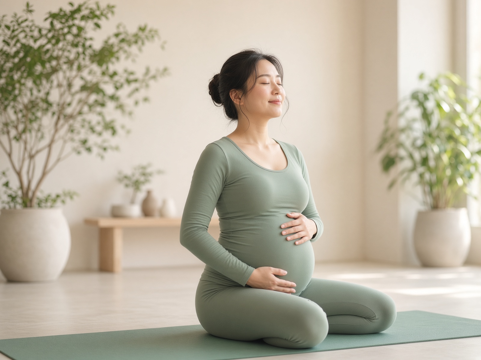A pregnant woman stretching on a mat