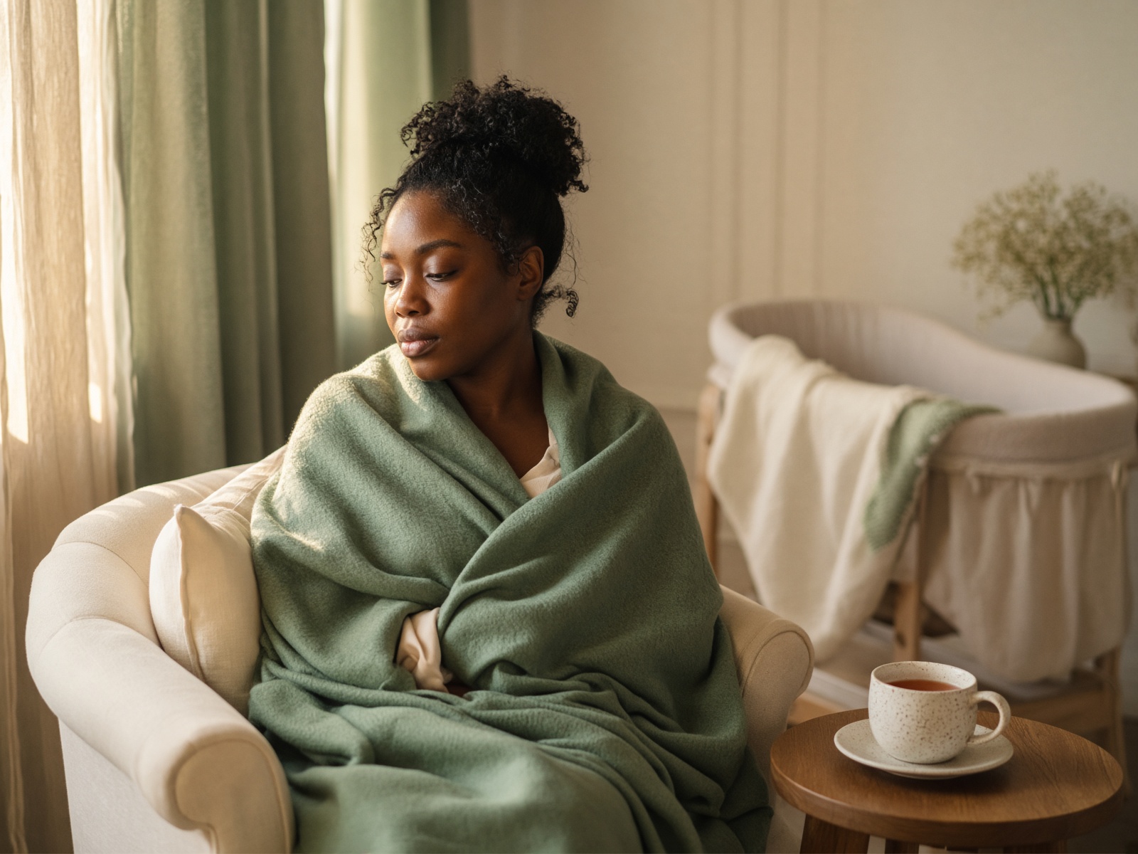 A postpartum mother resting by a window